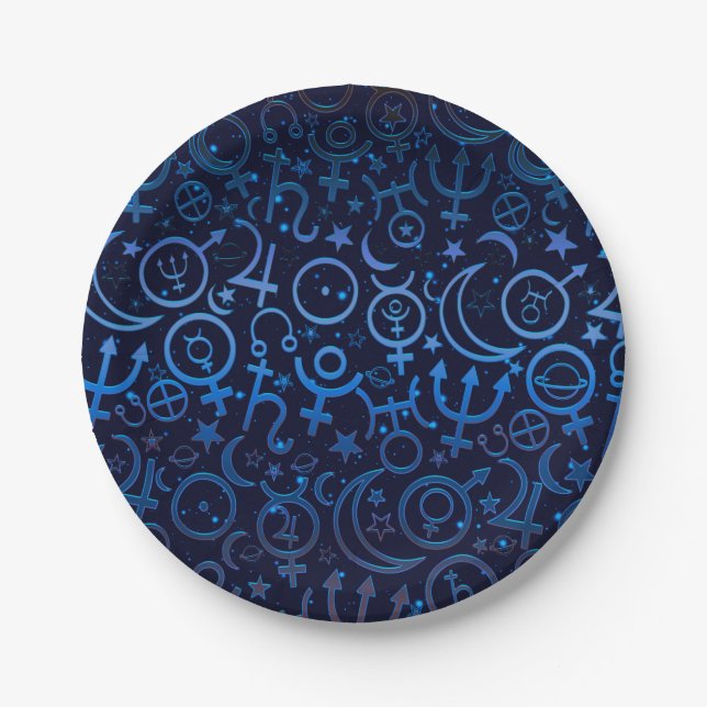 Blue Planetary Symbols Mystical Universe Planets Paper Plates (Front)