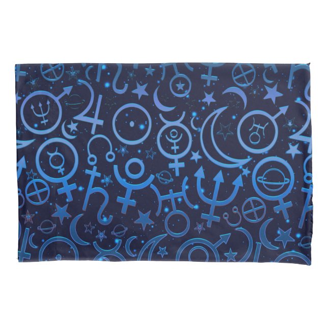 Blue Planetary Symbols Mystical Universe Planets Pillow Case (Front)