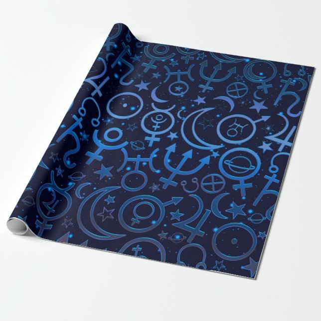 Blue Planetary Symbols Mystical Universe Planets Wrapping Paper (Unrolled)