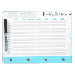 Blue planner and organiser, hour by hour dry erase board with keychain holder