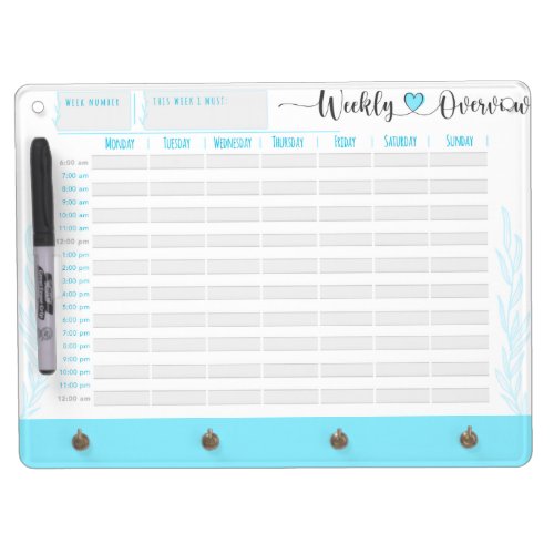 Blue planner and organiser hour by hour dry erase board with keychain holder