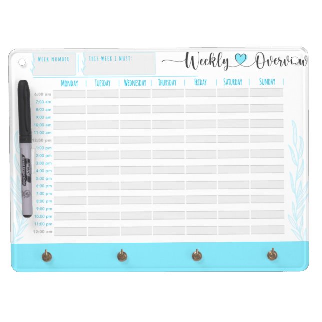 Blue planner and organiser, hour by hour dry erase board with keychain holder (Front)