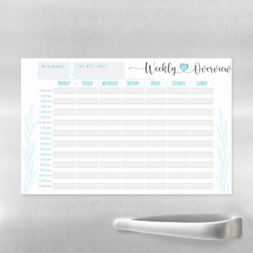 Blue planner and organiser hour by hour magnetic dry erase sheet