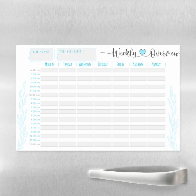 Blue planner and organiser, hour by hour magnetic dry erase sheet (In Situ)