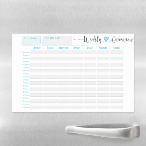 Blue planner and organiser hour by hour magnetic dry erase sheet