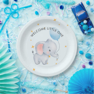 Blue Playful Elephants Baby Shower Paper Plates