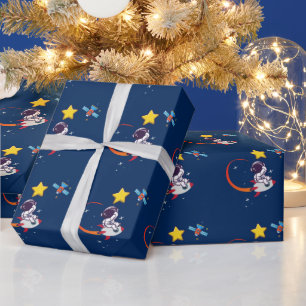 Blue Playful Outer Space Astronaut Rocket Birthday Wrapping Paper