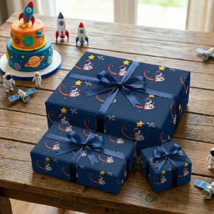 Blue Playful Outer Space Astronaut Rocket Birthday Wrapping Paper