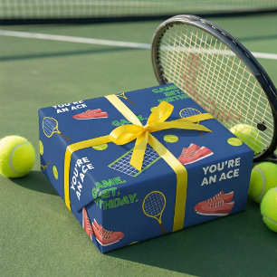  Blue Playful Tennis Racket Shoes Birthday Gift Wrapping Paper