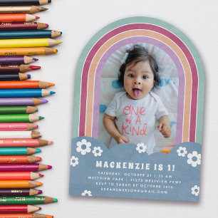 Blue Plum Floral Rainbow Kid's Birthday Invitation