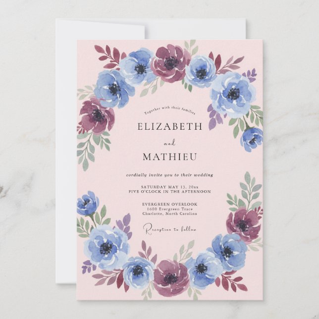 Blue Plum Painterly Flourish Wedding Invitation (Front)