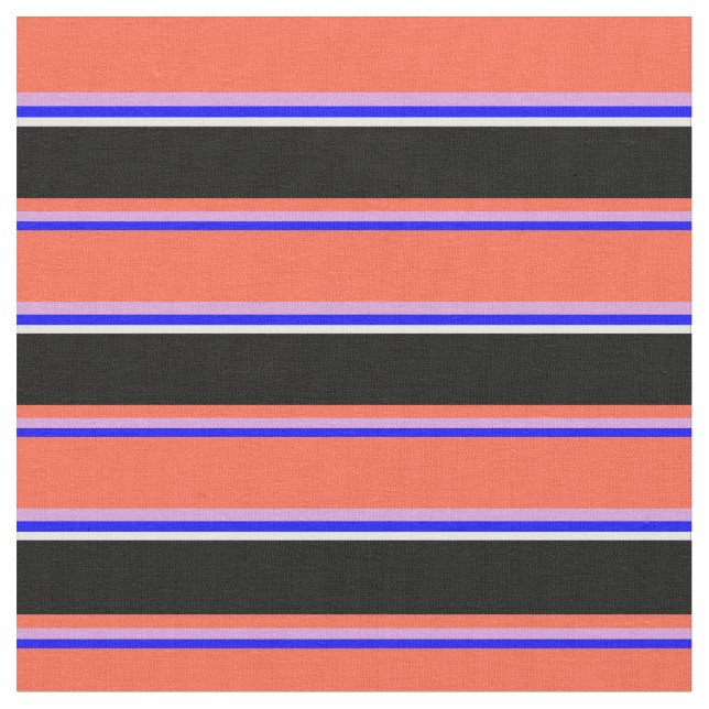 Blue, Plum, Red, Black, and White Colored Stripes Fabric (Close Up)