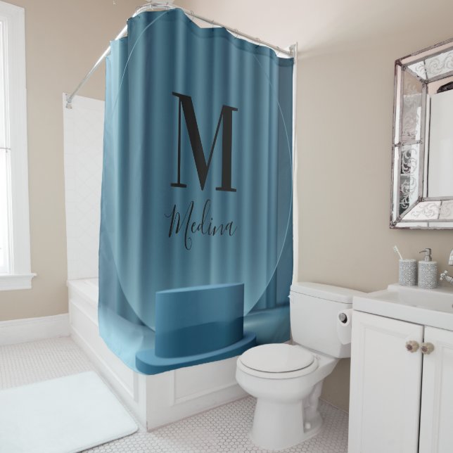 Blue Podium Glass | Black Monogram Modern Script Shower Curtain (In Situ)