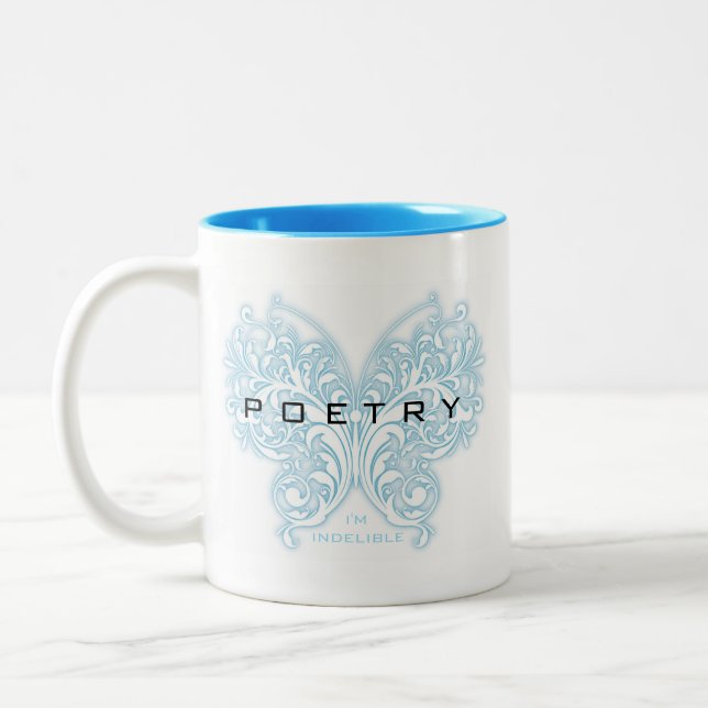 Blue Poetry Butterfly — I'm Indelible Two-Tone Coffee Mug (Left)