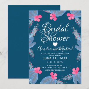 Blue Poinsettia Berry Watercolor Bridal Shower Invitation