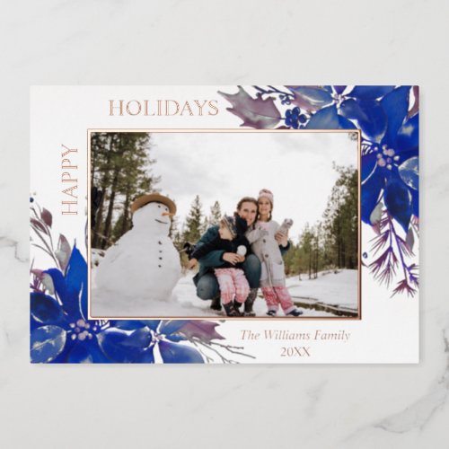 Blue Poinsettia Christmas Happy Holidays PHOTO Foil Holiday Card