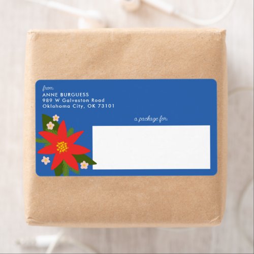 Blue Poinsettia Christmas Holiday Shipping Label