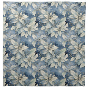 Blue Poinsettia Elegance Silver and Blue Winter Cloth Napkin