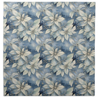 Blue Poinsettia Elegance Silver and Blue Winter Cloth Napkin