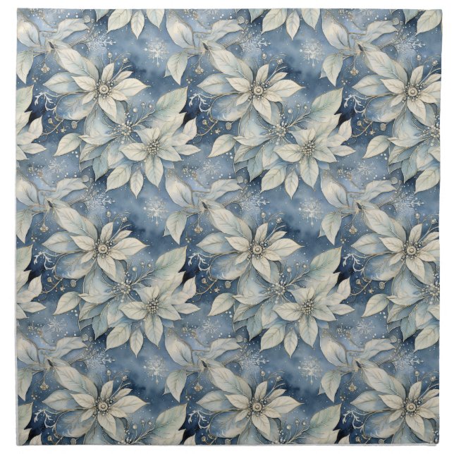 Blue Poinsettia Elegance Silver and Blue Winter Cloth Napkin (Front)
