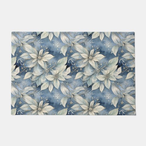 Blue Poinsettia Elegance Silver and Blue Winter Doormat