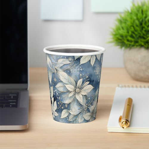 Blue Poinsettia Elegance Silver and Blue Winter Paper Cups
