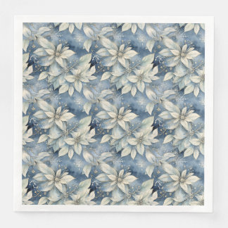 Blue Poinsettia Elegance Silver and Blue Winter Paper Dinner Napkins