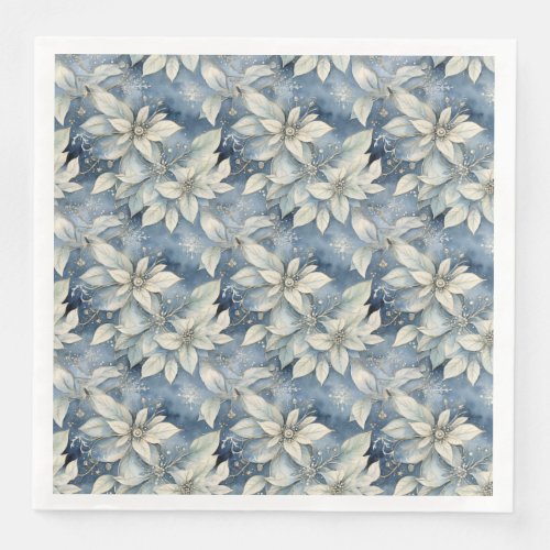 Blue Poinsettia Elegance Silver and Blue Winter Paper Dinner Napkins