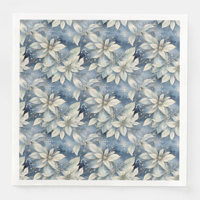 Blue Poinsettia Elegance Silver and Blue Winter Paper Dinner Napkins (Front)