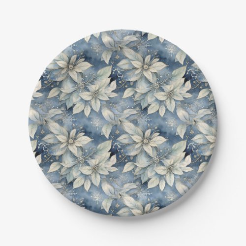 Blue Poinsettia Elegance Silver and Blue Winter Paper Plates
