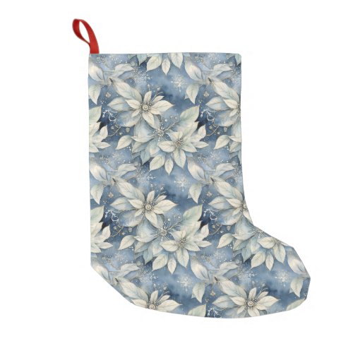 Blue Poinsettia Elegance Silver and Blue Winter Small Christmas Stocking