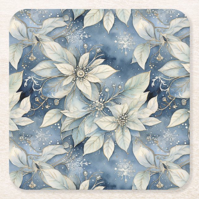 Blue Poinsettia Elegance Square Paper Coaster (Front)
