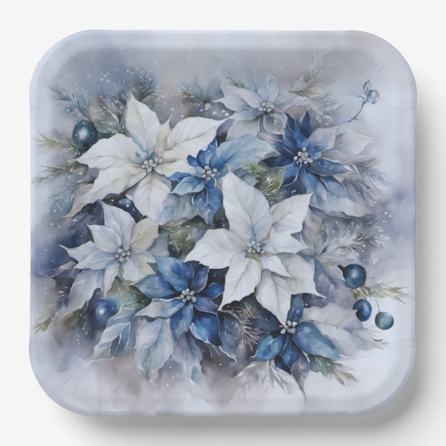 Blue Poinsettia Flowers, Christmas Ornaments Paper Plates (Front)