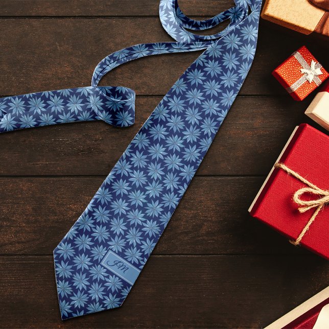 Blue Poinsettia Initials Classic Whimsy Christmas Neck Tie (Creator Uploaded)