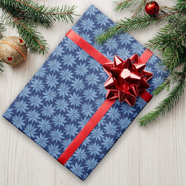 Blue Poinsettia Minimal Classic Whimsy Christmas Wrapping Paper (Creator Uploaded)