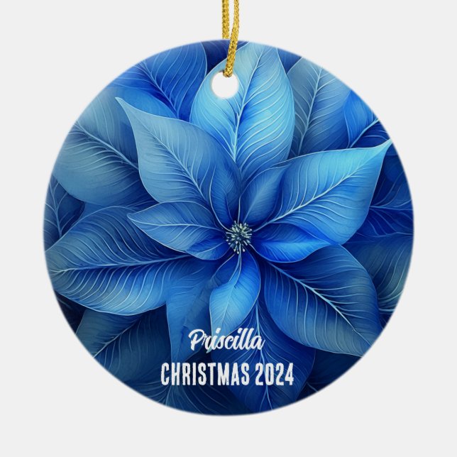 Blue Poinsettia Personalized Ornament (Front)