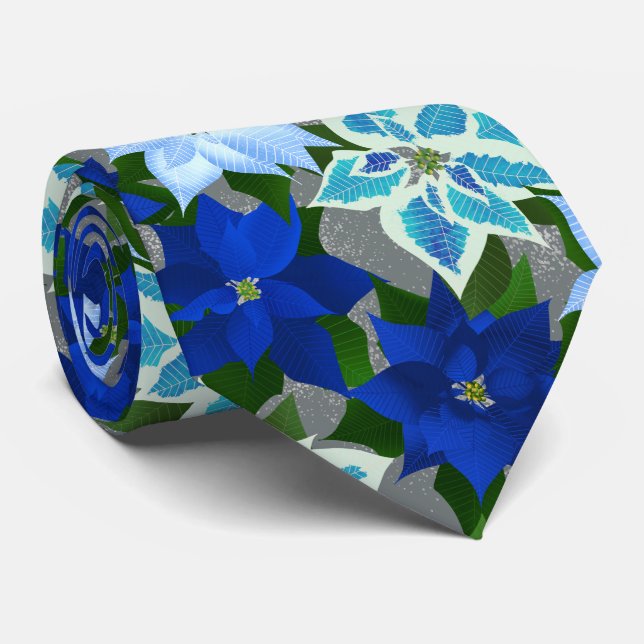 Blue Poinsettia Silver Christmas Neck Tie (Rolled)