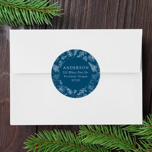 Blue Poinsettias and Pinecones Return Address Classic Round Sticker