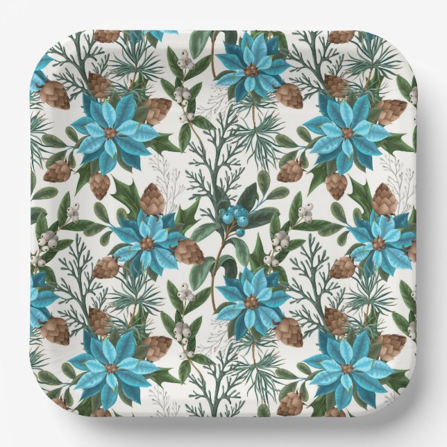 Blue Poinsettia's And Pines Paper Plates (Front)