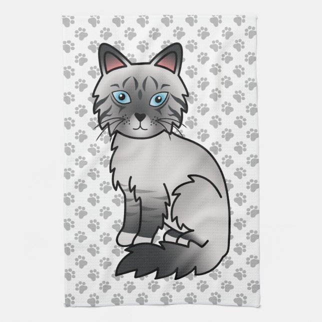 Blue Point Tabby Birman / Ragdoll Cute Cat & Paws Kitchen Towel (Vertical)