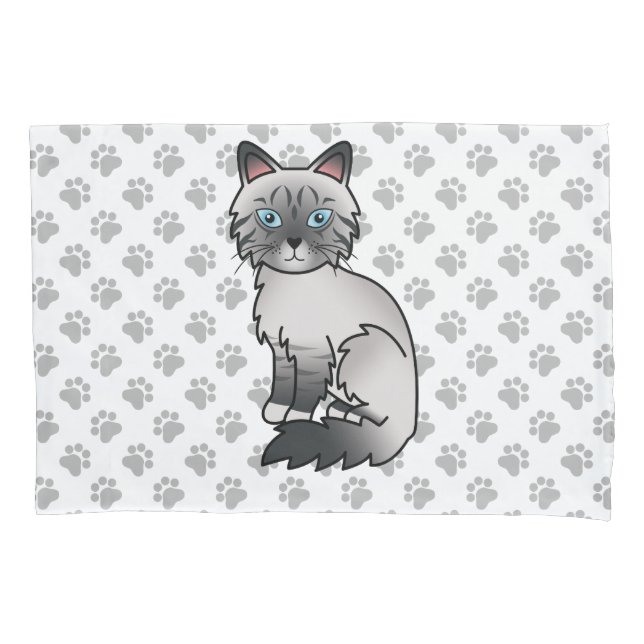 Blue Point Tabby Birman / Ragdoll Cute Cat & Paws Pillow Case (Front)