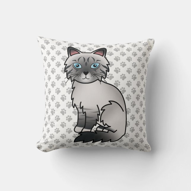 Blue Point Tabby Birman / Ragdoll Cute Cat & Paws Throw Pillow (Front)