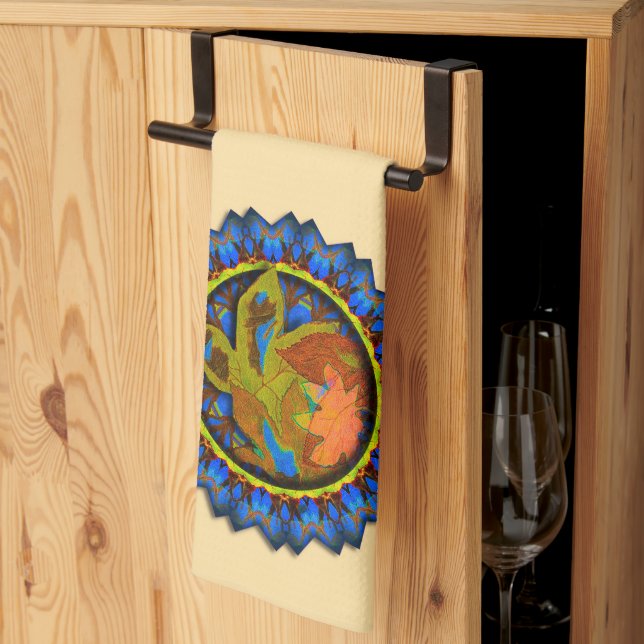 Blue Points Circled Fall Leaves Kitchen Towel (Thirds Fold)