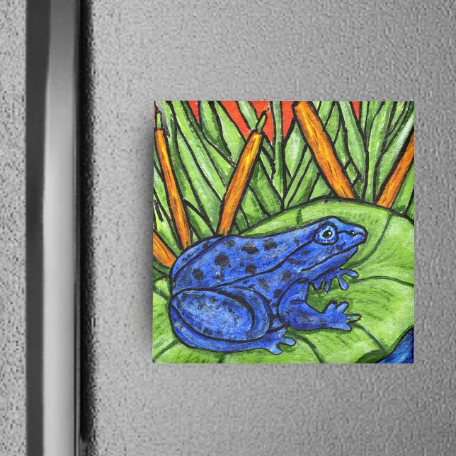 Blue Pois0n Frog Magnet (Blue poison frog on lily pad yellow reeds grass blades on square magnet.)