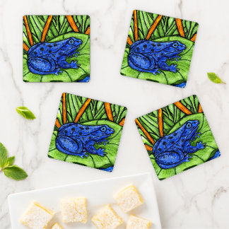 Blue Poison Frog Spots Lily Pad Reeds Grass Coaster Set
