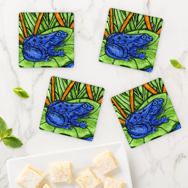 Blue Poison Frog Spots Lily Pad Reeds Grass Coaster Set (In Situ)
