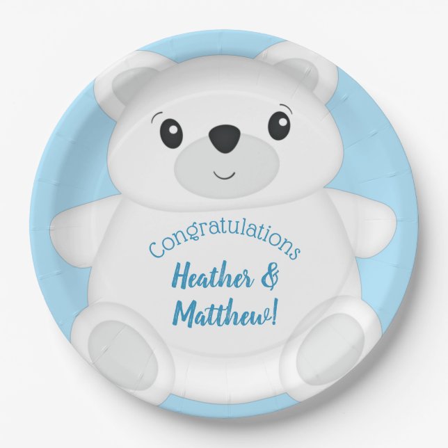 Blue Polar Bear Baby Shower Paper Plates (Front)