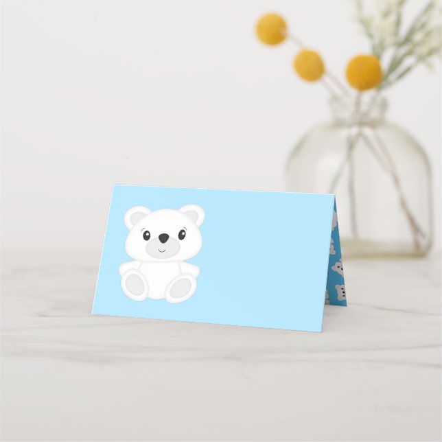 Blue Polar Bear Baby Shower Place Card (Front)