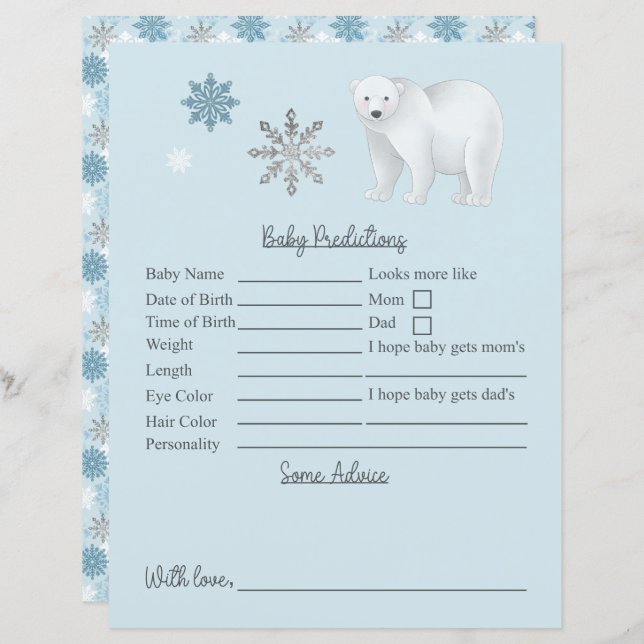 Blue Polar Bear Baby Shower Predictions And Advice (Front/Back)