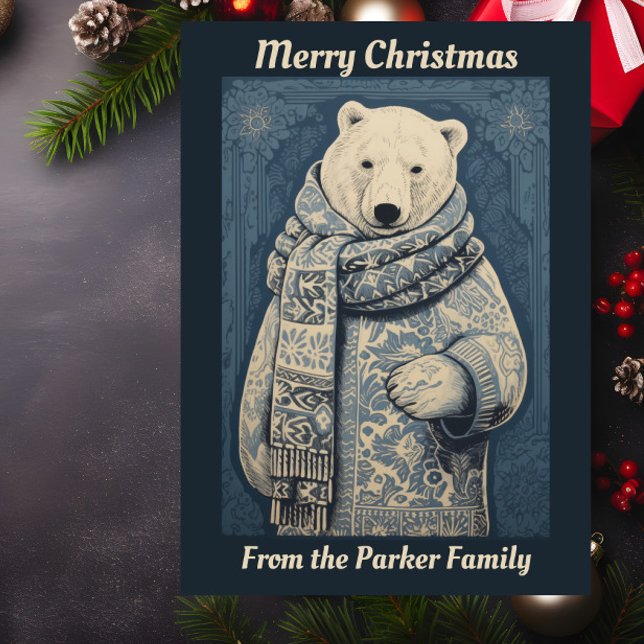 Blue Polar Bear Christmas  Holiday Card (A Christmas card featuring an illustration of a polar bear wrapped in a scarf.)